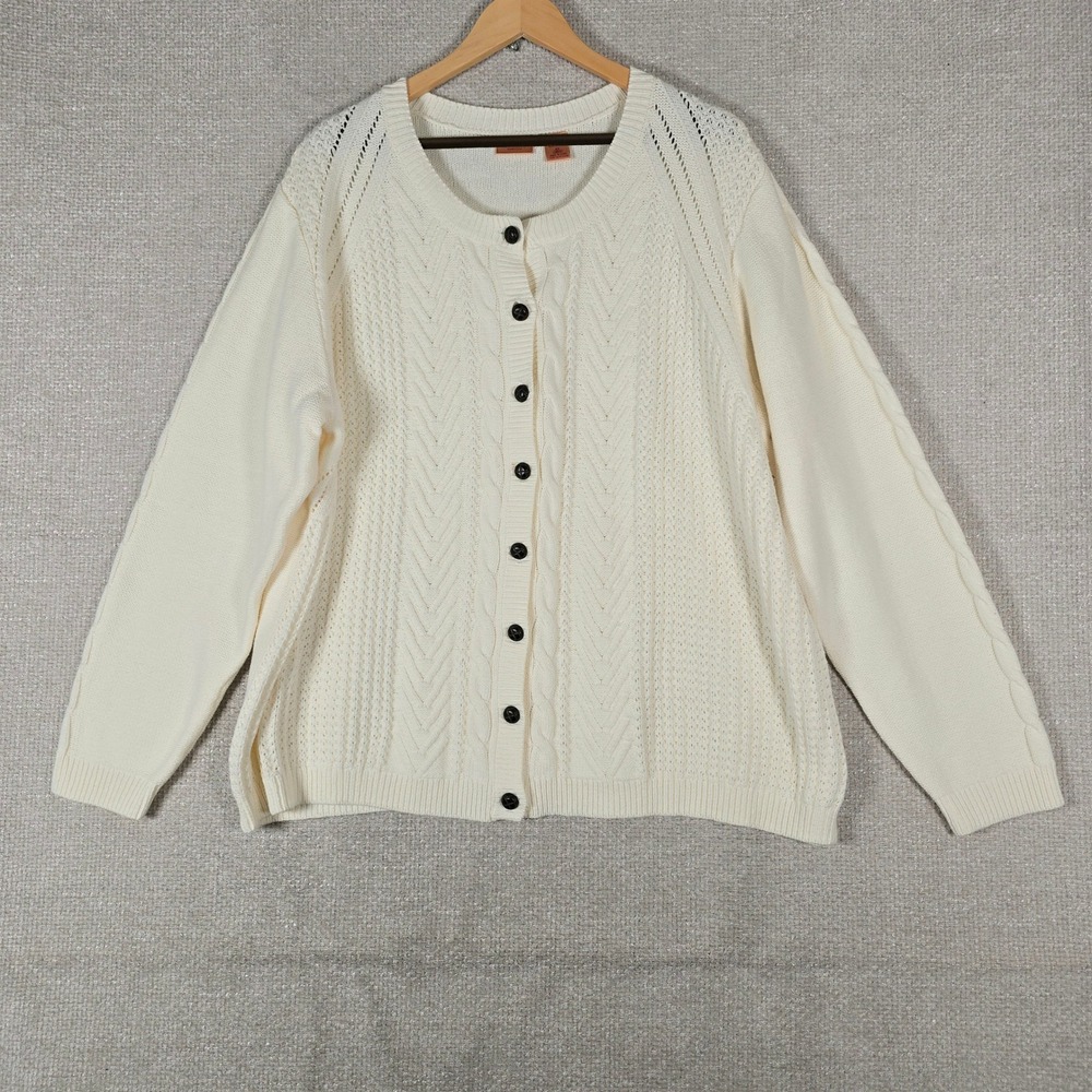 NorthCrest Womens Plus‎ 4X Cream White Cable Knit Button Front Cardigan Sweater